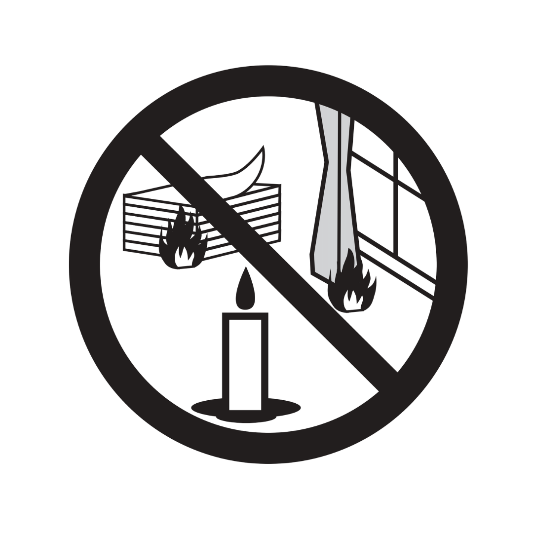 Keep away from things that burn safety pictogram depicting the international no symbol over an image of a lit candle next to a burning stack of paper and window curtains on fire